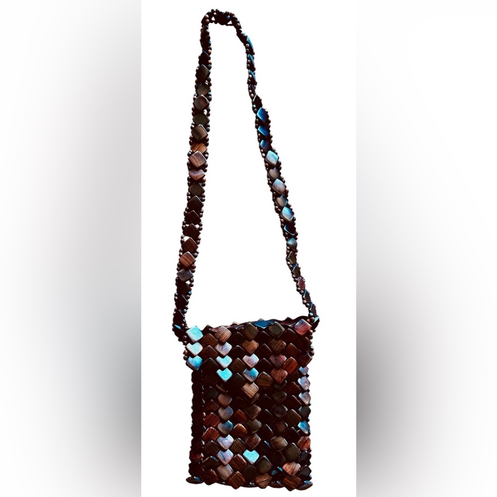 Hand Made Wood Bead Shoulder Bag 9x6 Boho Festival Slim Envelope Purse